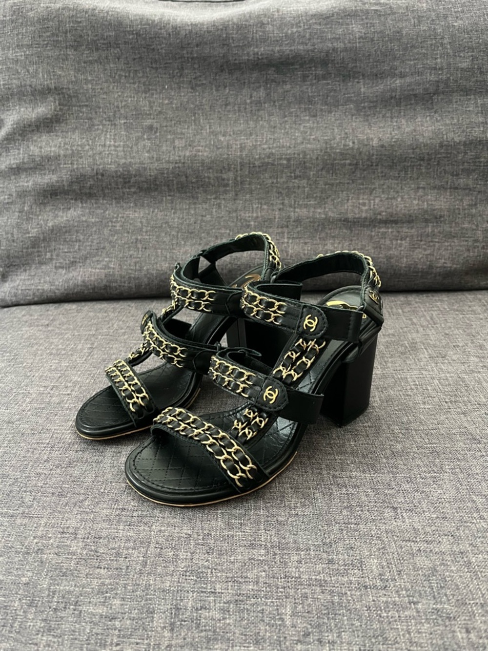 CHANEL Black Leather Chain-Trim Block Heel Sandals
